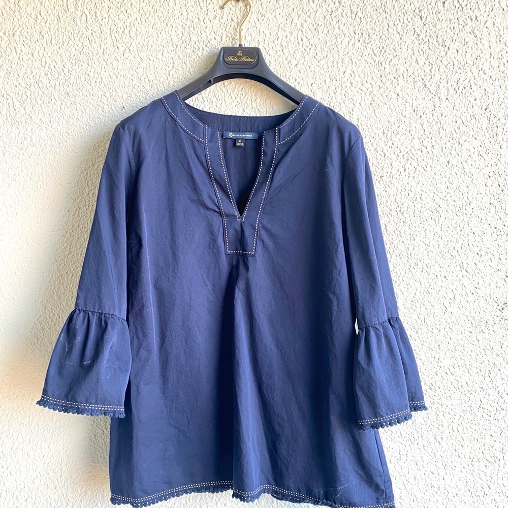 Brooks Brothers Bell Sleeve Tunic | Navy Blue, Cotton, Eyelet Hem